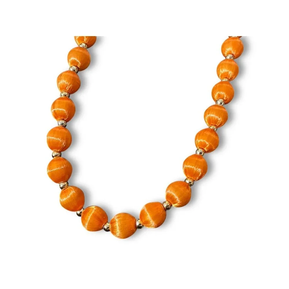 Vintage Orange Silk Satin Wrapped Bead Necklace 30”+ Gold Tone Spacer 70s 80s - Picture 2 of 3